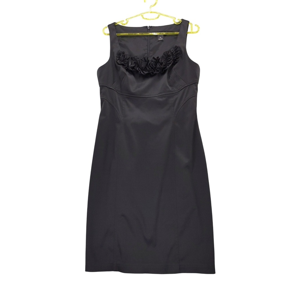White House Black Market Dress Size 8 Stretch Black Satin Sleeveless Ruffle